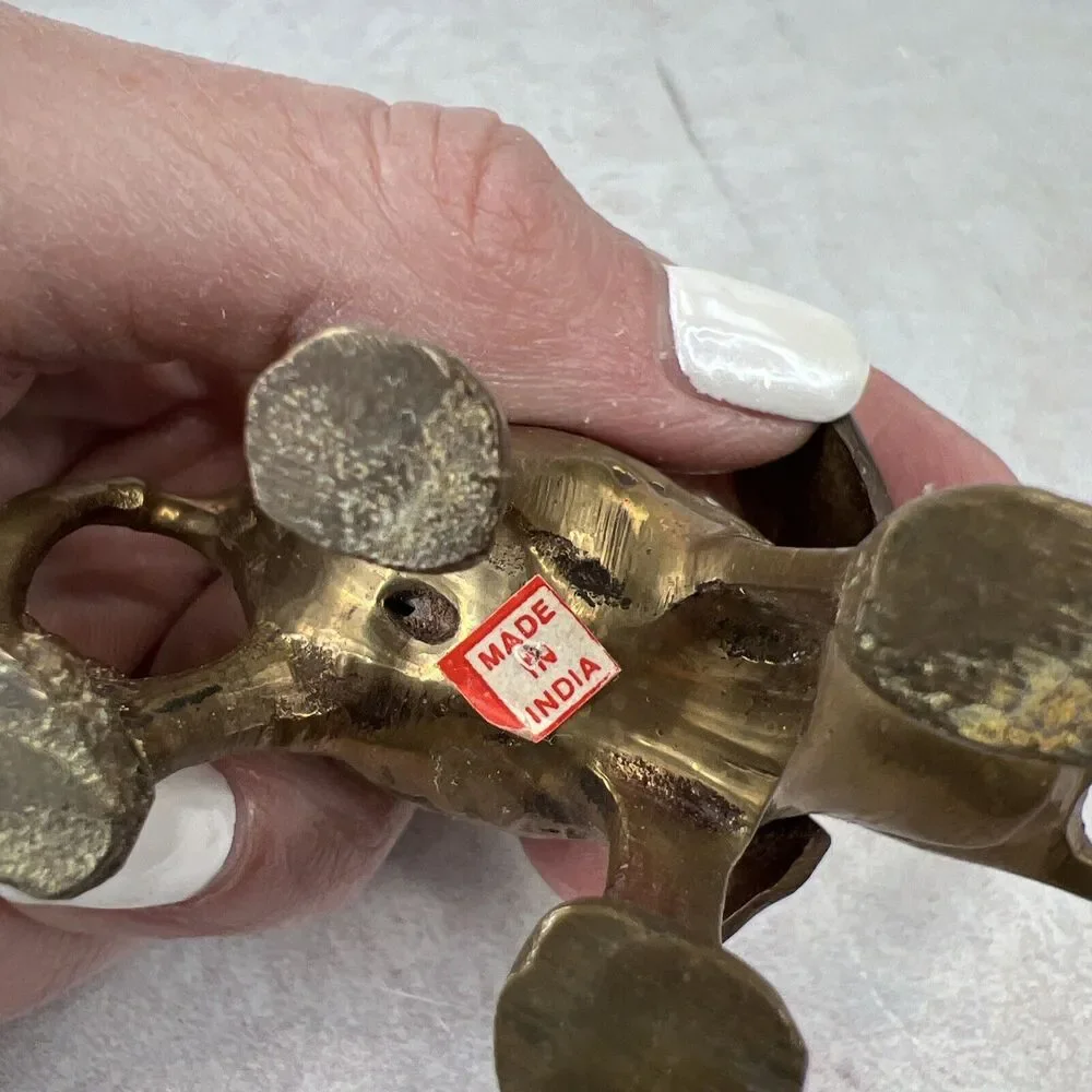 Vintage Small Solid Brass Elephant Raised Trunk Embossed Ornate‎ MCM Figurine